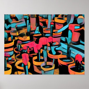 Póster Os potes estilizados A3 do cacto refrigeram o