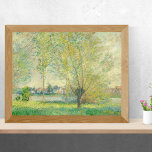 Poster Os Willows de Claude Monet<br><div class="desc">Esta bela pintura de Claude Monet apresenta uma cena pintada vagamente com uma paleta colorida é quase completamente dominada por tons legal de primavera, sábio, aipo e verde-kelly, e aço e azul-marinho. As daubs amarelas ouros na parte inferior direita sugerem floração, e as folhas das árvores são criadas com derrames...</div>