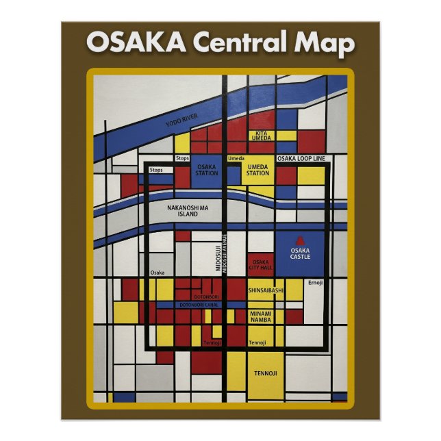 Póster OSAKA central map Piet Mondrian style (Frente)