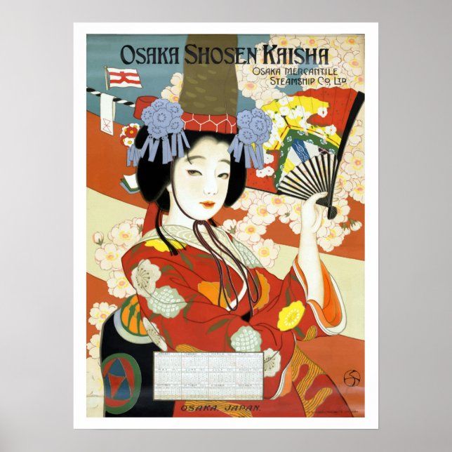 Poster Osaka, Japão, geisha com fã, viagens vintage (Frente)