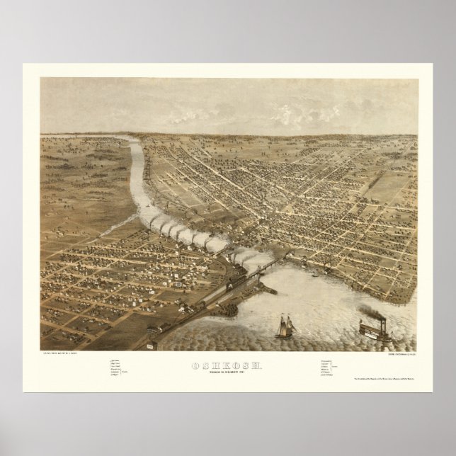 Poster Oshkosh, Mapa Panorâmico da I WI - 1887 (Frente)