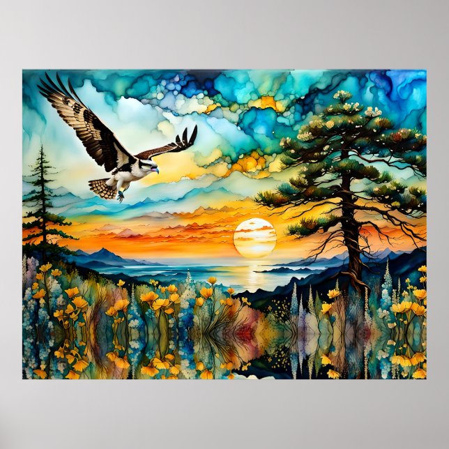 Poster Osprey em voo sobre flores silvestres no Sunset (Frente)