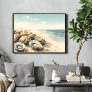 Poster Ostra Costeira Conchas Aquarela Paisagem Praia