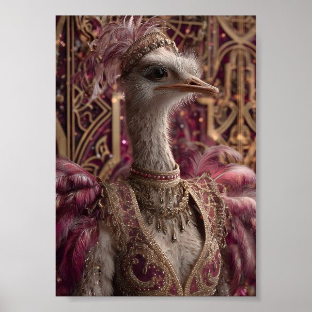 Poster Ostrich no palhaço real Ornamentado e na coroa (Frente)