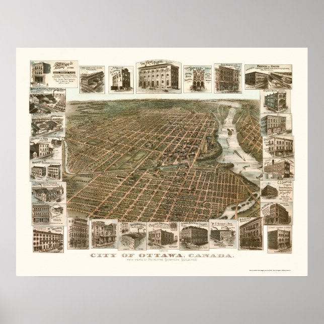 Póster Ottawa, ON, Canadá - Mapa Panorâmico - 1895 (Frente)