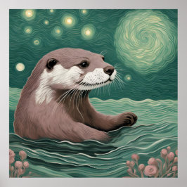Poster Otter em uma Sage do Oceano Noturno Estrelada e Ro