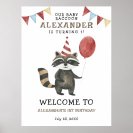 Poster Our Baby Raccoon 1st Birthday Party Welcome