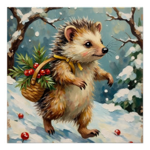 Póster Ouriço Antigo com Cesta de Frutas de Natal