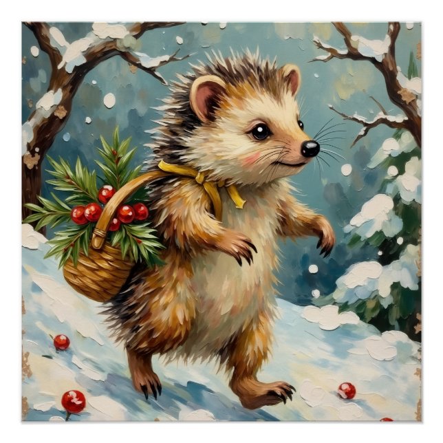 Póster Ouriço Antigo com Cesta de Frutas de Natal (Frente)