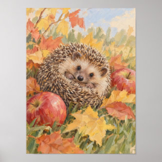 Poster ouriço com folhas de outono e maçãs floresta Ar