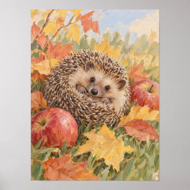 Poster ouriço com folhas de outono e maçãs floresta Ar (Frente)