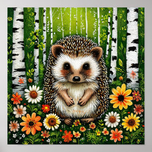 Poster ouriço de desenho animado fofo na floresta de bétu
