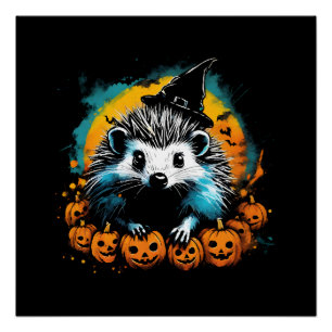 Póster ouriço de Halloween e abóboras fofos