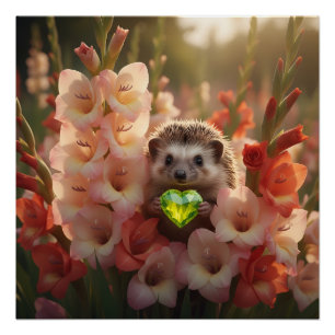 Póster ouriço fofo de agosto com coração de peridoto