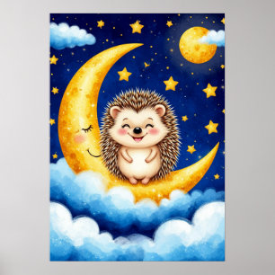 Poster ouriço Fofo Lua Crescente Dourada