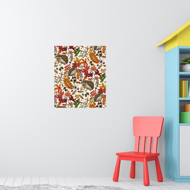 Poster Ouriços e flora da floresta outonal em marfim (Berçário 1)