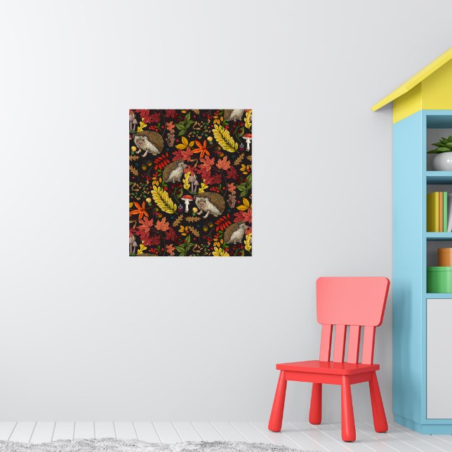 Poster Ouriços e flora da floresta outonal em preto (Berçário 1)