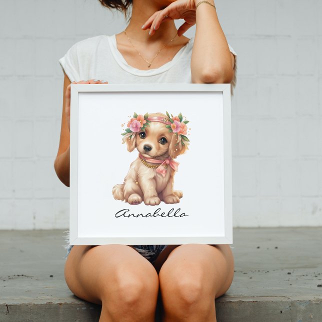Poster Ouro Adorável Retriever Puppy Floral (Golden Retriever Puppy Poster with Custom Name - Adorable Dog Lover Nursery Art)