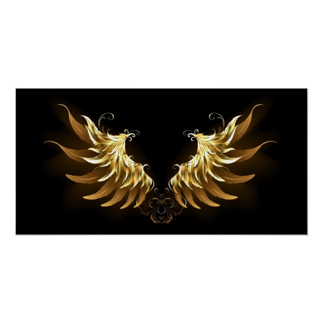 Póster Ouro Angel Wings sobre fundo preto (Frente)