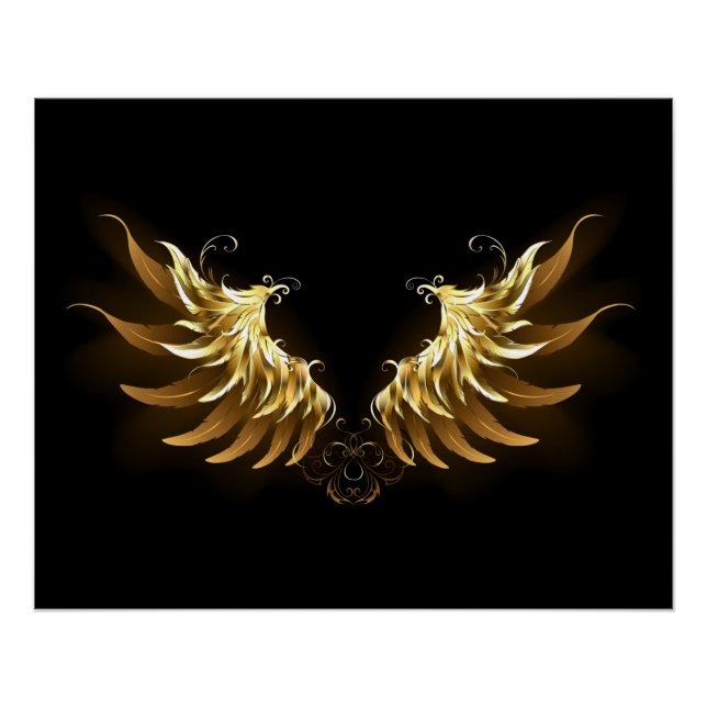 Póster Ouro Angel Wings sobre fundo preto (Frente)