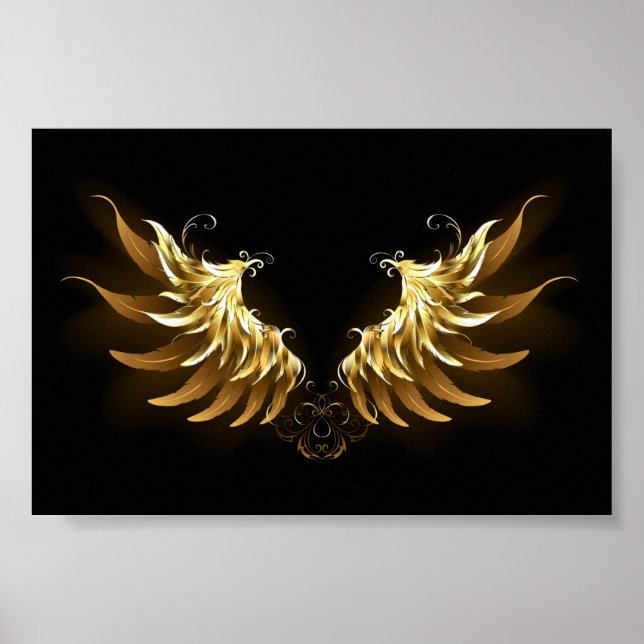 Poster Ouro Angel Wings sobre fundo preto (Frente)