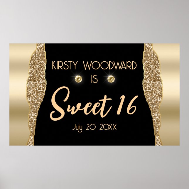 Poster Ouro Brilho Glam Edge & Diamantes Doce 16 (Frente)