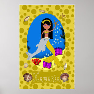 Póster Ouro de Mermaid e Dolphin