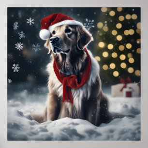 Poster Ouro de Natal Festivo Retriever com Santa Hat