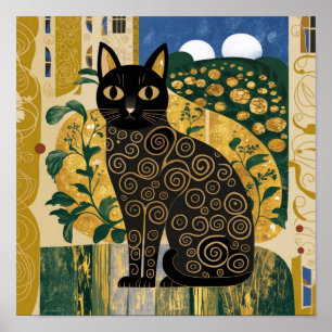 Poster Ouro Decorativo Gustav Klimt Estilo preto de Gato