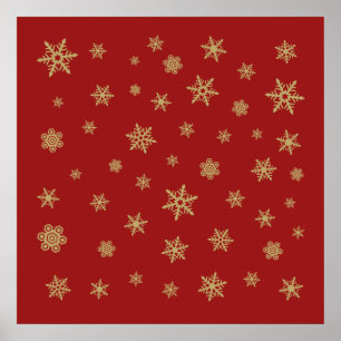 Póster Ouro do design dos flocos de neve no vermelho