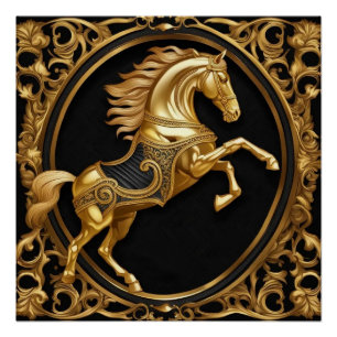 Póster Ouro Dourado de cavalo e armação ornamental negra