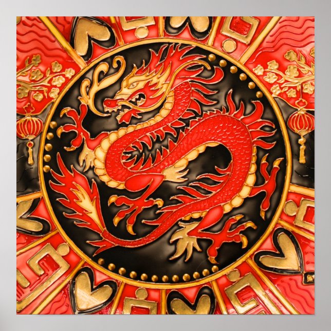 Poster Ouro Dourado Tradicional do Dragão Chinês Antigo (Frente)