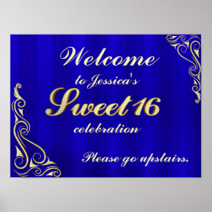 Poster Ouro elegante e sinal de boas-vindas azul do doce