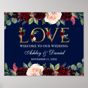 Poster Ouro floral azul do casamento do amor de Borgonha