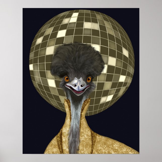 Poster Ouro Funny Retro Disco Ball Emu Bird (Frente)