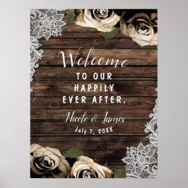 Poster Ouro Glam Flores Rosas Madeira Rústica Casamento d