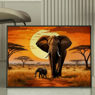 Poster Ouro Laranja Africano Savanna Elephant ao Sol