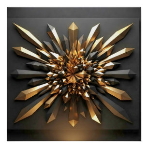 Póster Ouro Luxuoso e Cristal Escuro Geométrico 3D Gloss