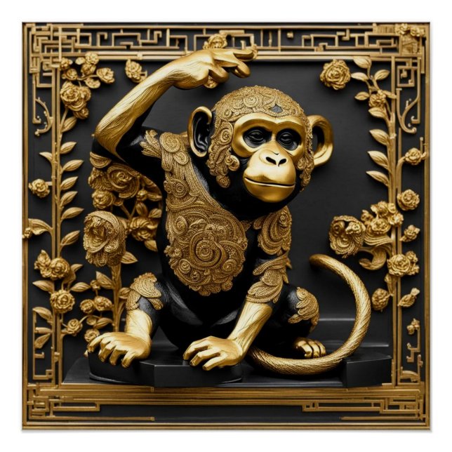 Póster Ouro macaco e quadro ornamental negro (Frente)