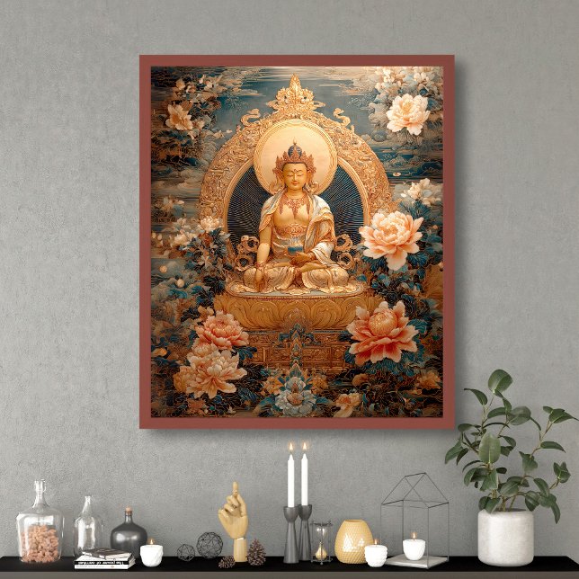 Poster Ouro Maitreya Buddha Flores Rosa Ilustração (Criador carregado)