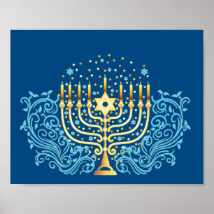 Poster Ouro Menorah Hanukkah saudando o festival de luz