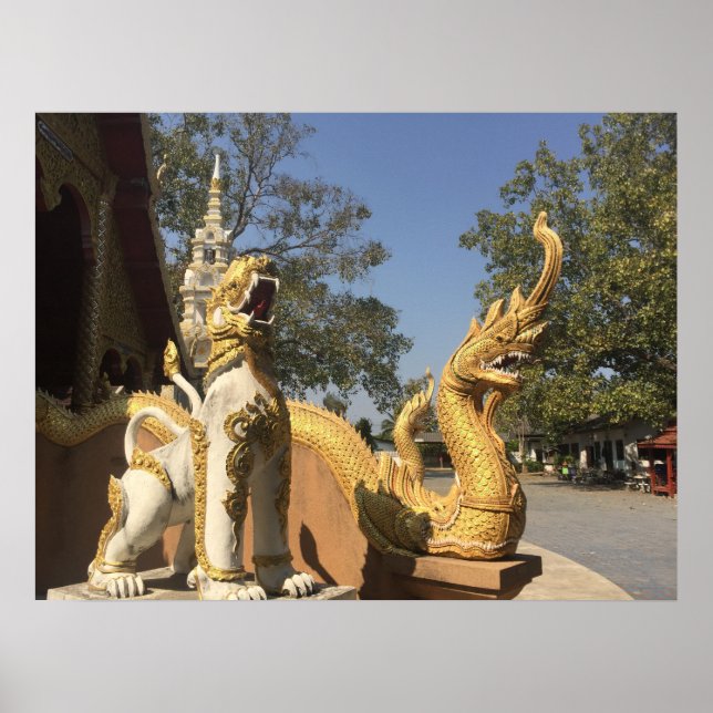 Póster Ouro Naga e Cachorro Branco - Chiang Mai, Tailândi (Frente)