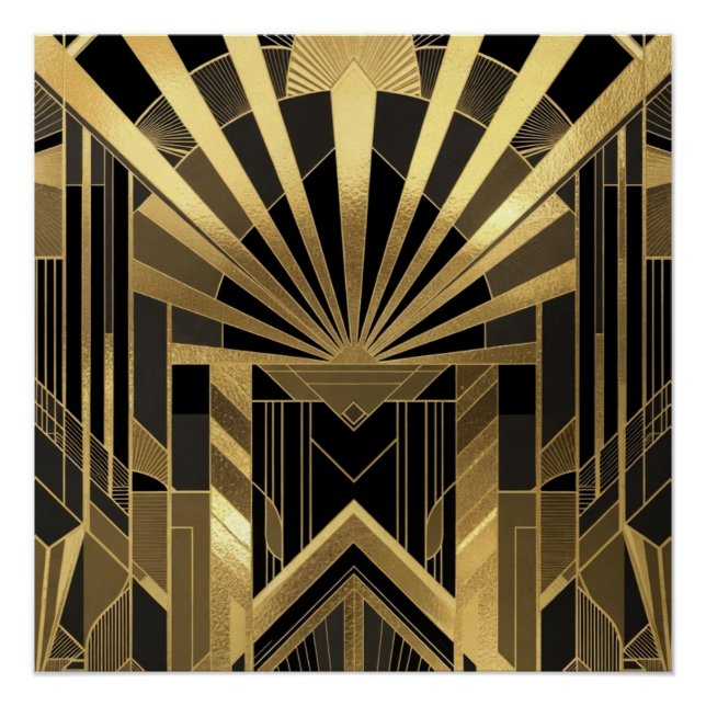 Póster Ouro Opulento & Preto Sunburst Arquitetônico  (Frente)