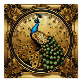 Póster Ouro pavão e quadro ornamental negro