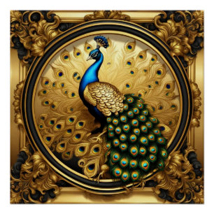 Póster Ouro pavão e quadro ornamental negro