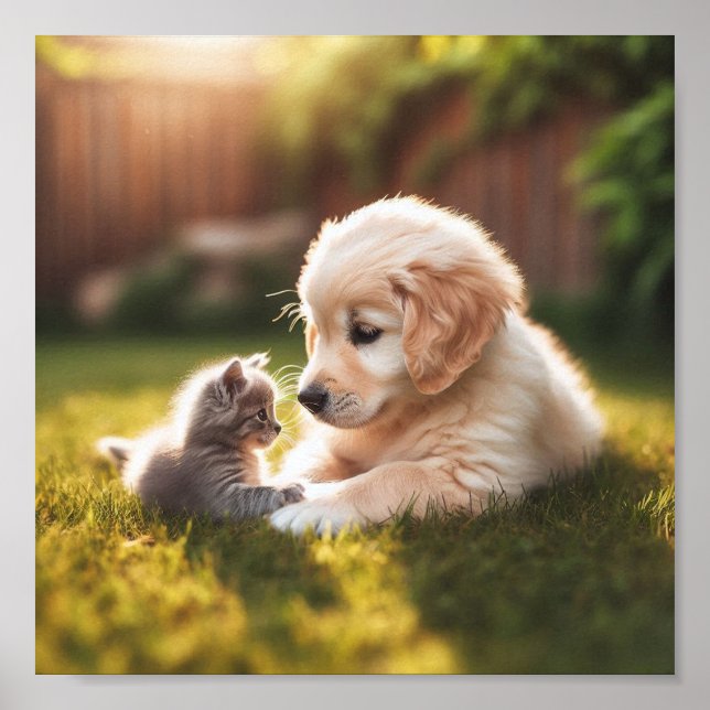 Poster Ouro Retriever cachorrinho com gatinho (Frente)
