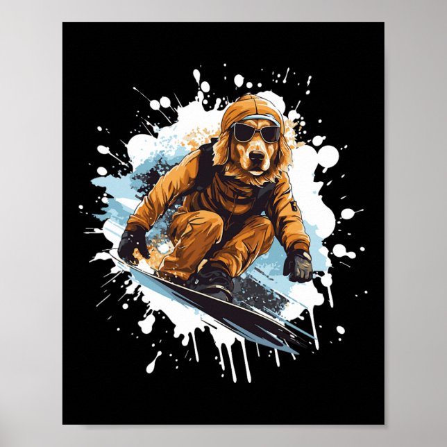 Poster Ouro Retriever Cachorro Engraçado Snowboard (Frente)
