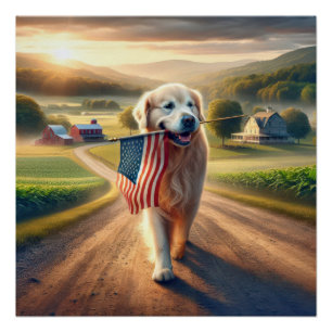 Póster Ouro Retriever Carregando uma bandeira americana