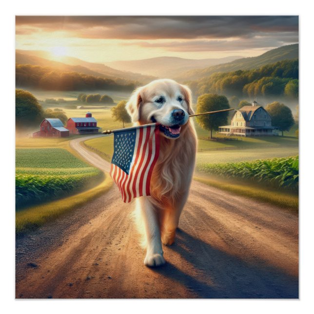 Póster Ouro Retriever Carregando uma bandeira americana (Frente)