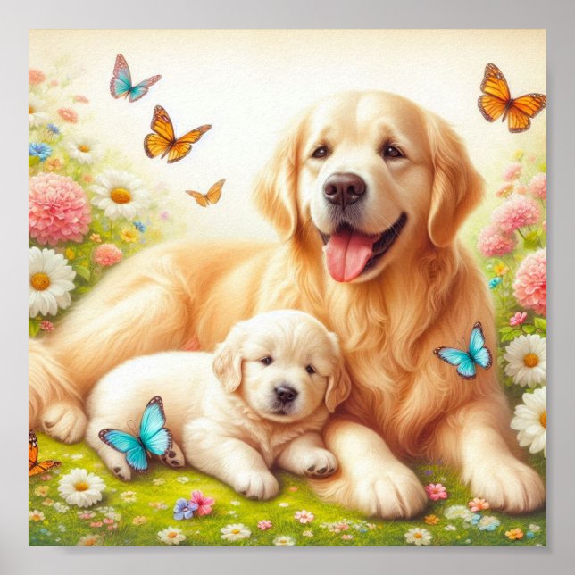Poster Ouro Retriever mãe e seu filhote (Frente)